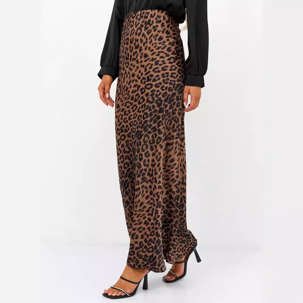 Satin Leopard Print Long Elastic Silky High Skirt