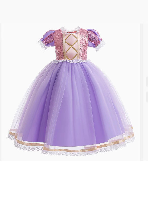 Children's Long Hair Princess Golden Big Bow Children's Dress