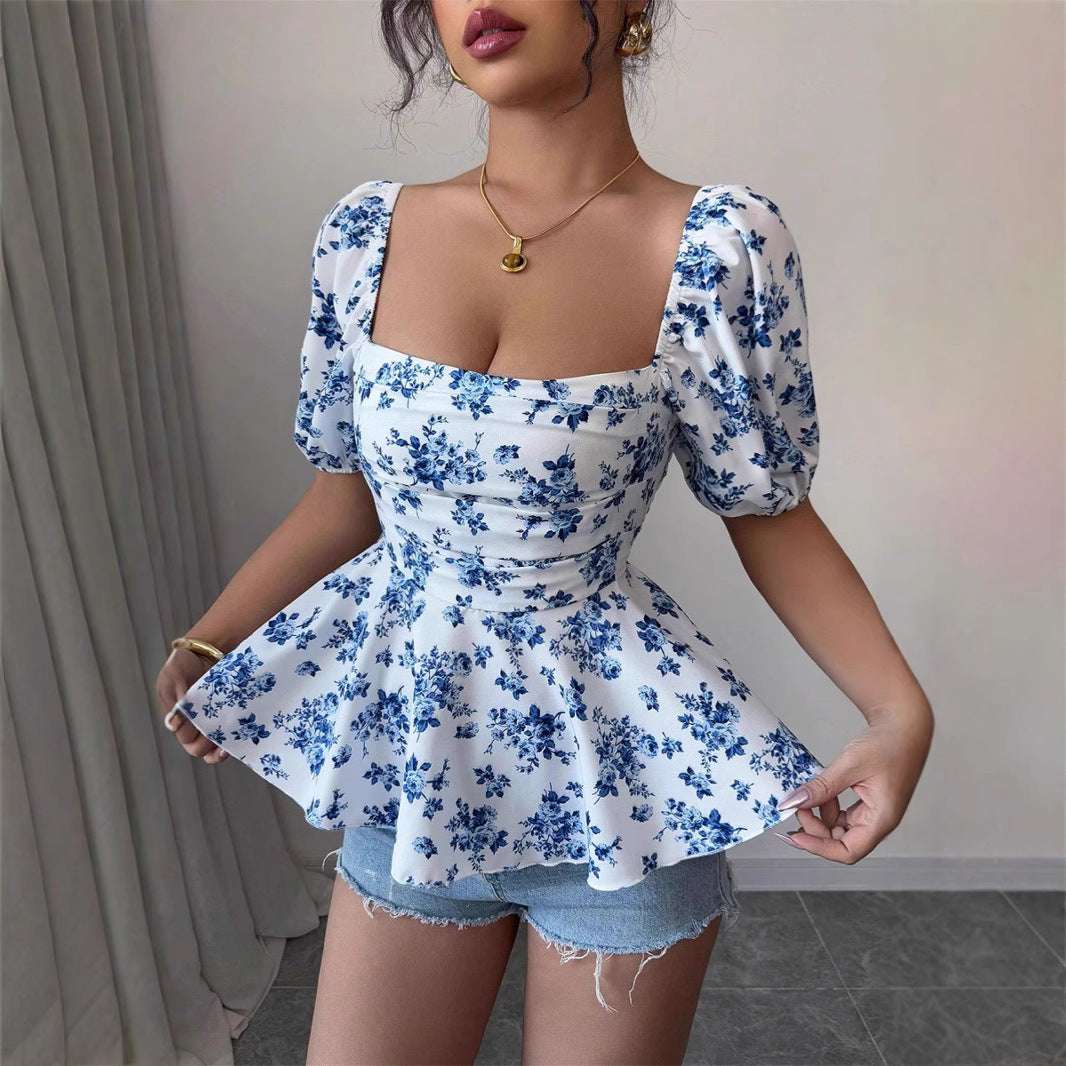 Women's Collar Fashion Slim Sexy Smocking Printed Lace Shirt, Chiffon Shirt