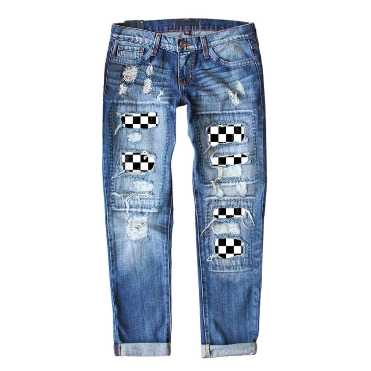 Women's Fashion Holes Printed Patch Straight Jeans
