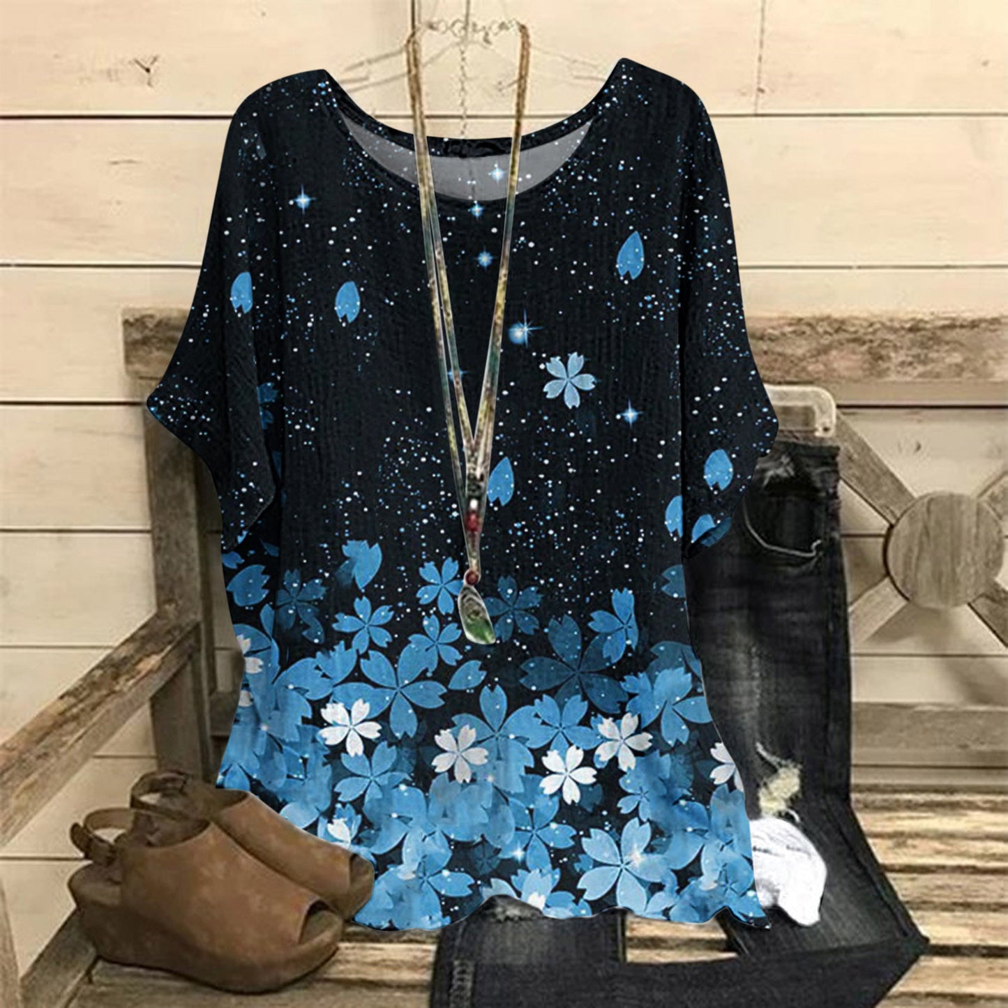 Women's Summer Loose Print Crew Neck Casual Women's T-shirt