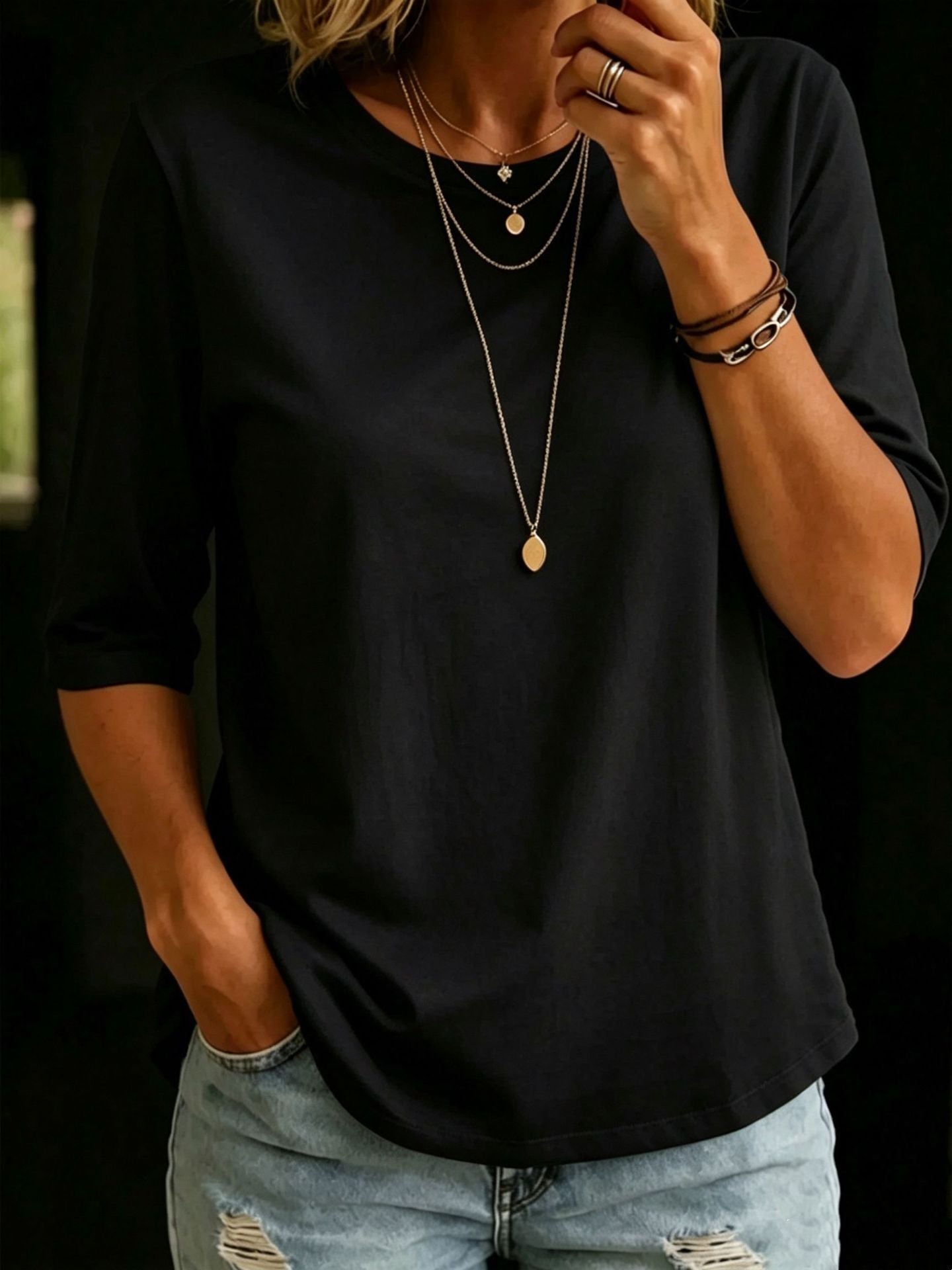 Women's Casual Round Neck Shoulder Half Sleeve Women's T-shirt