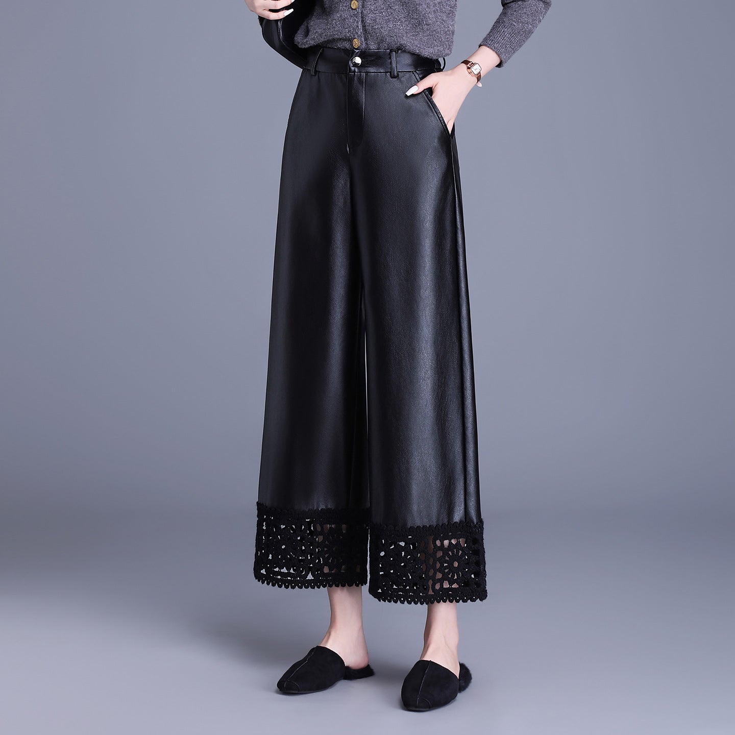 Women's Stitching Leather High Waist Loose Slimming Pants