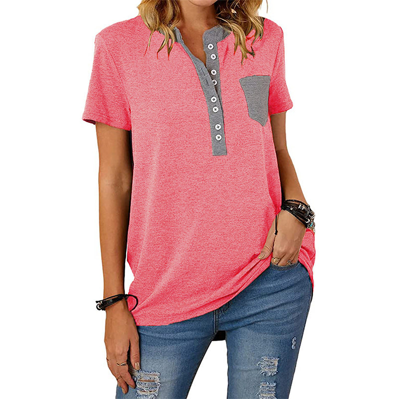 Women's Casual Pocket Stitching Loose Short-sleeved Women's T-shirt