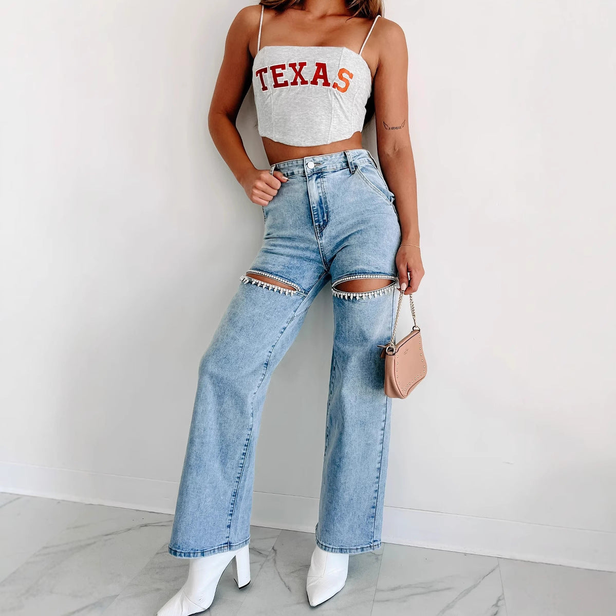 Women's Chain Ripped Straight Washed Fashion High Women's Jeans