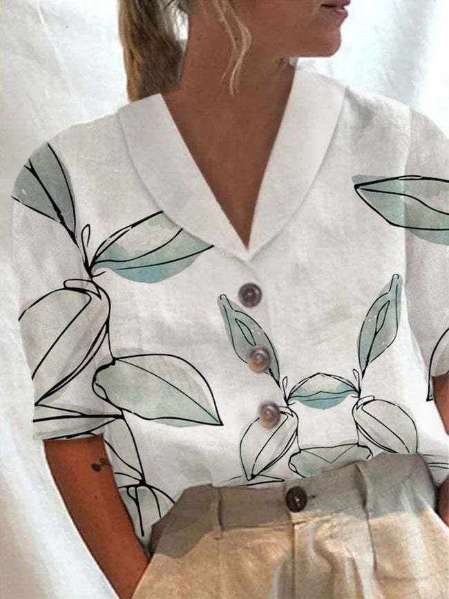 Women's Collar Button Casual Long Half Sleeve Cotton Blouse