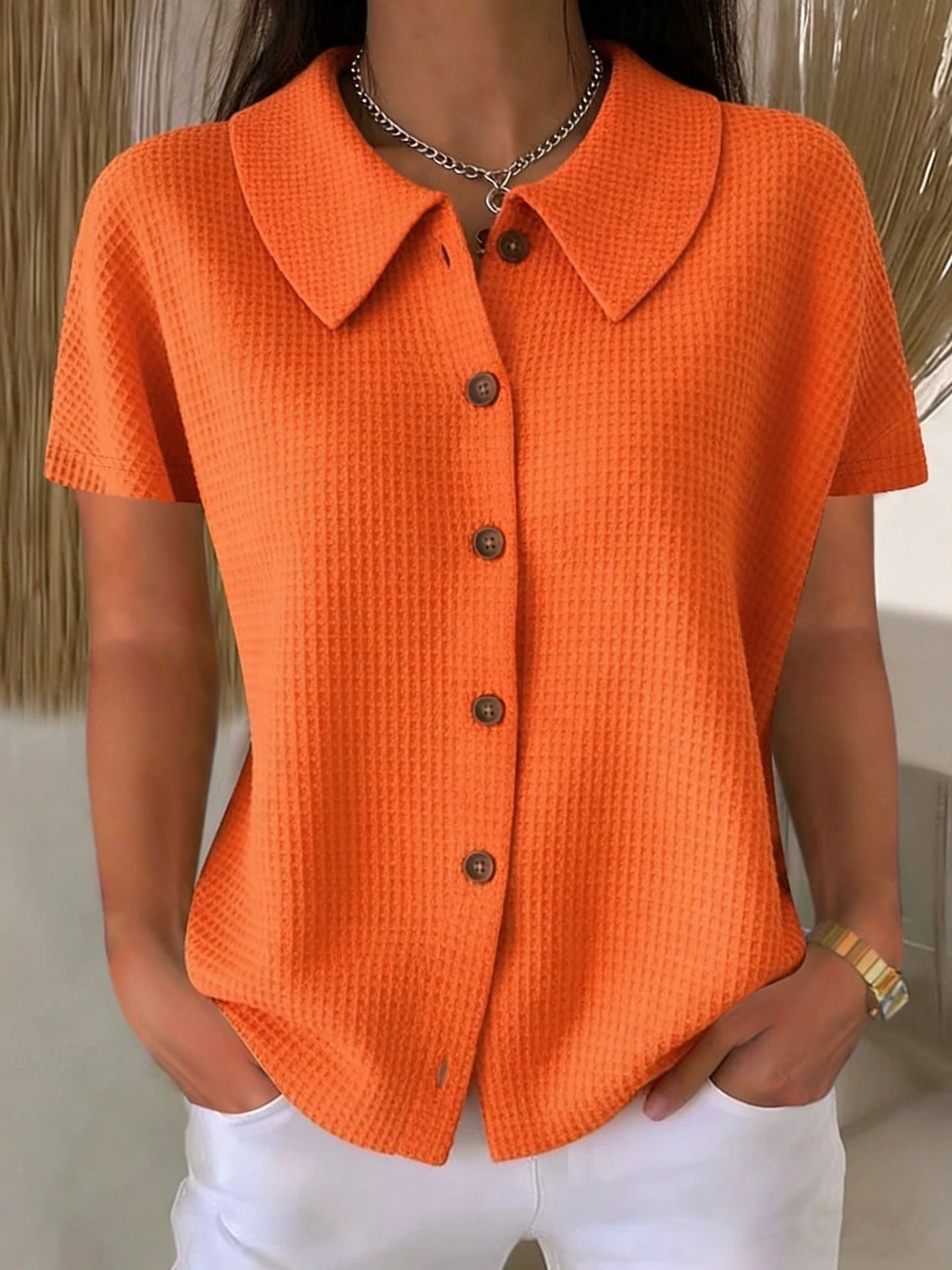 Fashion Elegant Lapel Waffle Solid Color Casual Sleeve Shorts