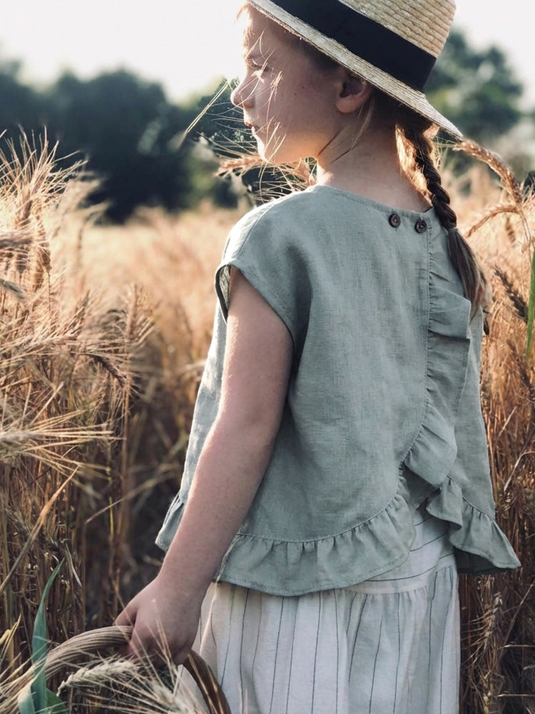 Ruffle Top Summer Loose Short Sleeve Double Buckle Placket Children's T-shirt