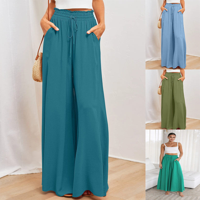 Women's Elastic Waistband Wide Leg High Waist Long Pants
