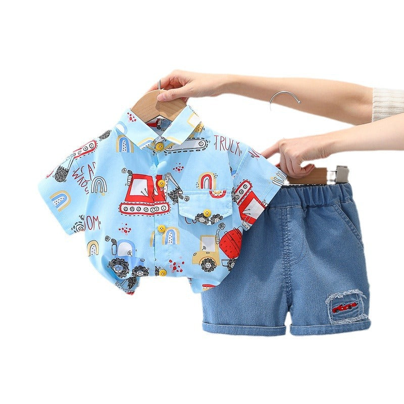 Summer Printed Lapel Shirt Short-sleeved Casual Denim Children's Suit