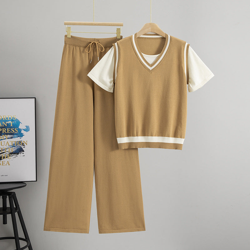 Women's Short-sleeved Summer Loose Comfortable Fake Two-piece Fashion Casual Suit