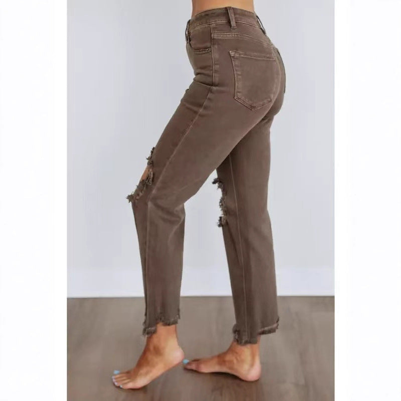 Women's Retro High Waist Skinny Knee Ripped Frayed Washed Street Women's Jeans