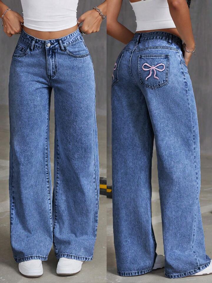 Women's Bow Embroidered Sweet Spicy Style High Waist Straight Women's Jeans