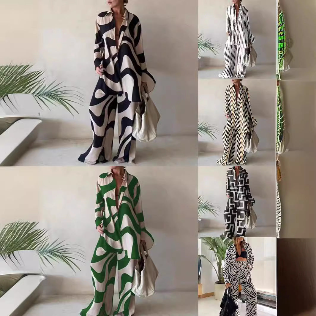 Women's Printed Loose Long Sleeves Straight Jumpsuits