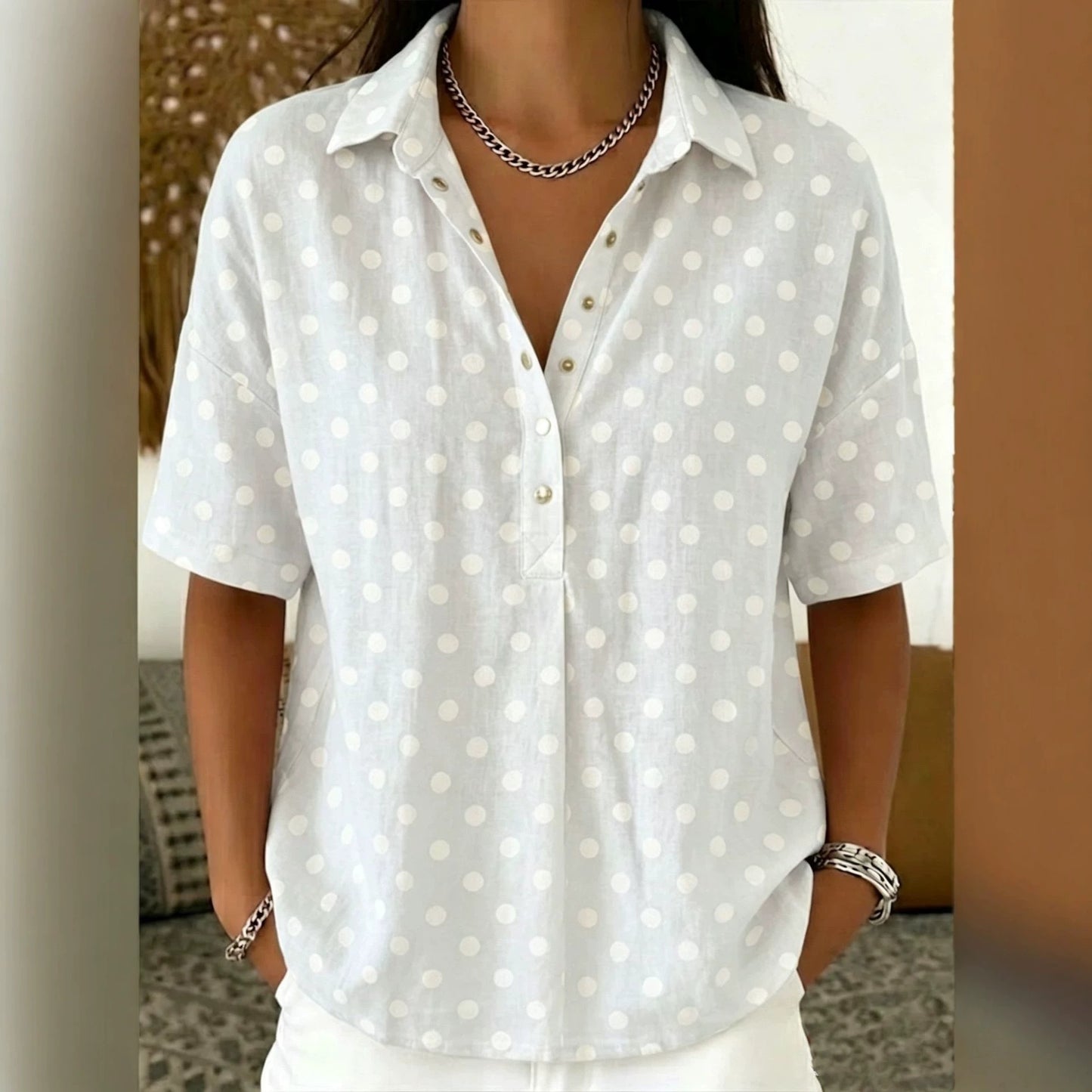 Women's Casual Polka Dot Lapel Shirt Half-open Button Blouse