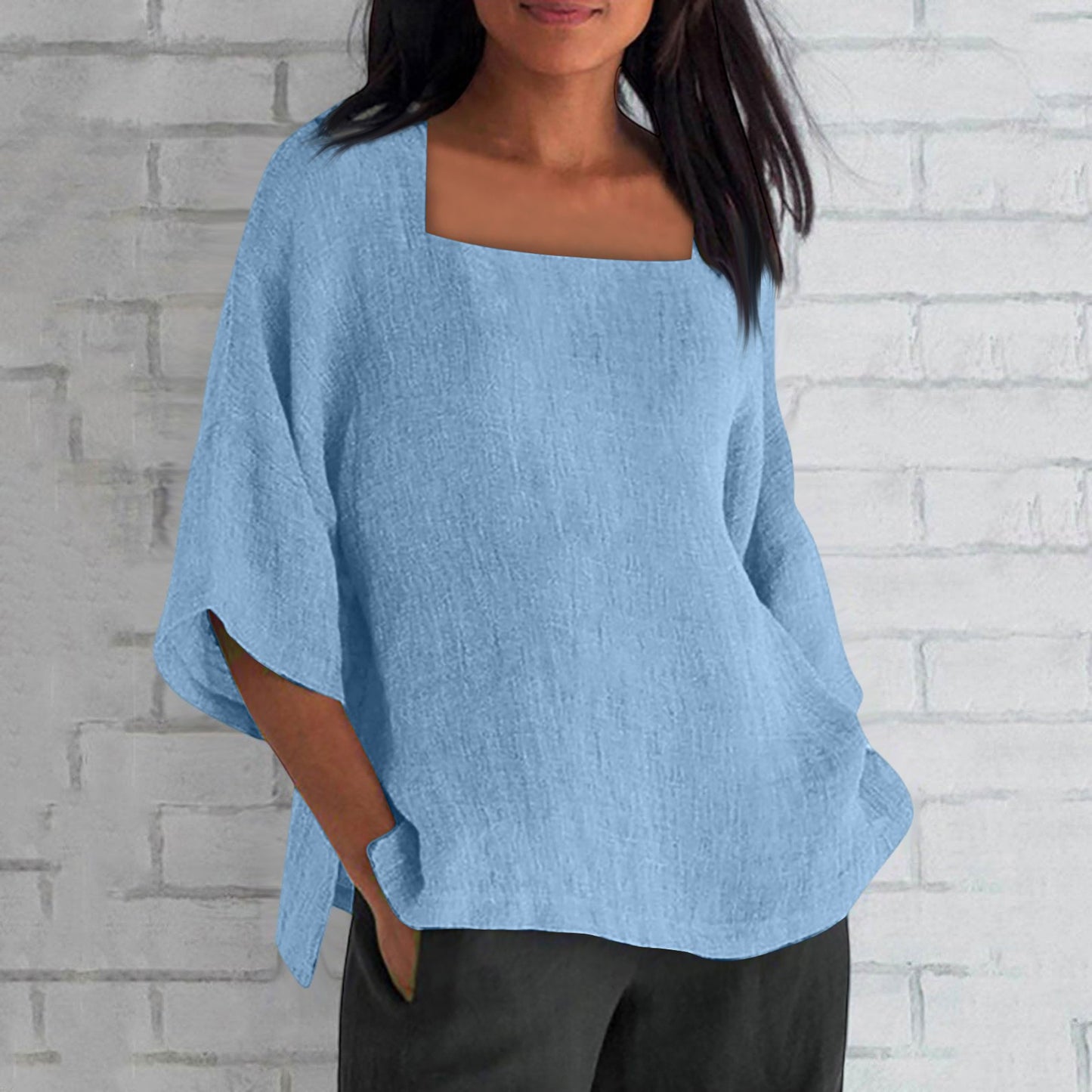 Women's Three-quarter Sleeve Square Collar Cotton Linen Blouse