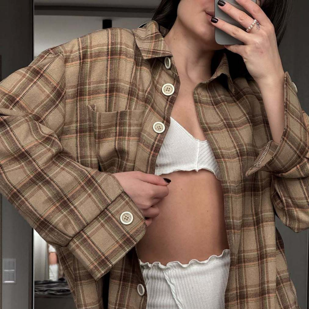 Lazy Design Niche Loose Plaid Long Sleeve Blouse