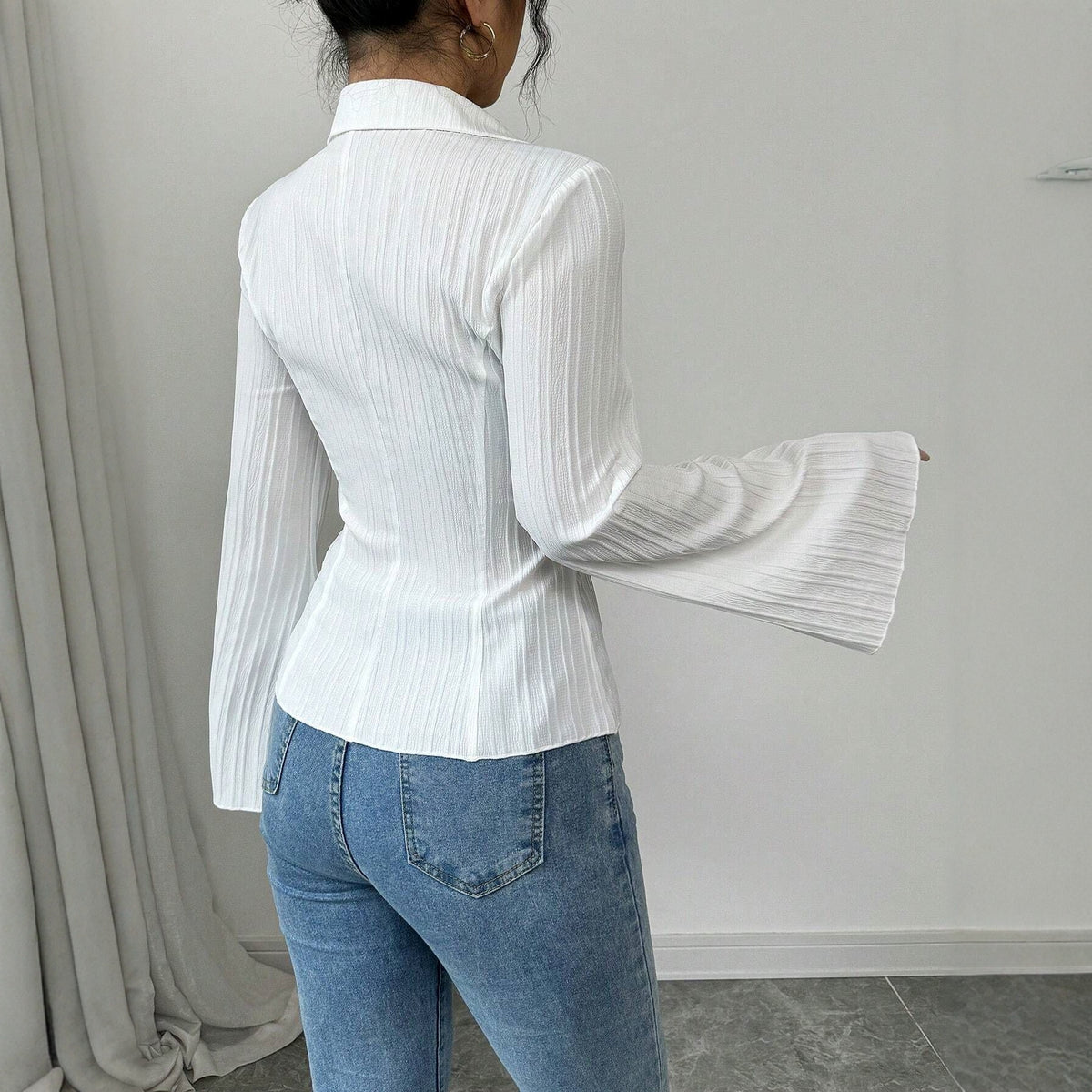 Lapel Waisted Long-sleeved Shirt Button Chic Unique Tops