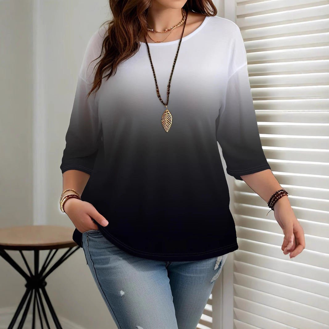 Women's Printed Fashion Gradient Color Sleeve Casual Round Tops