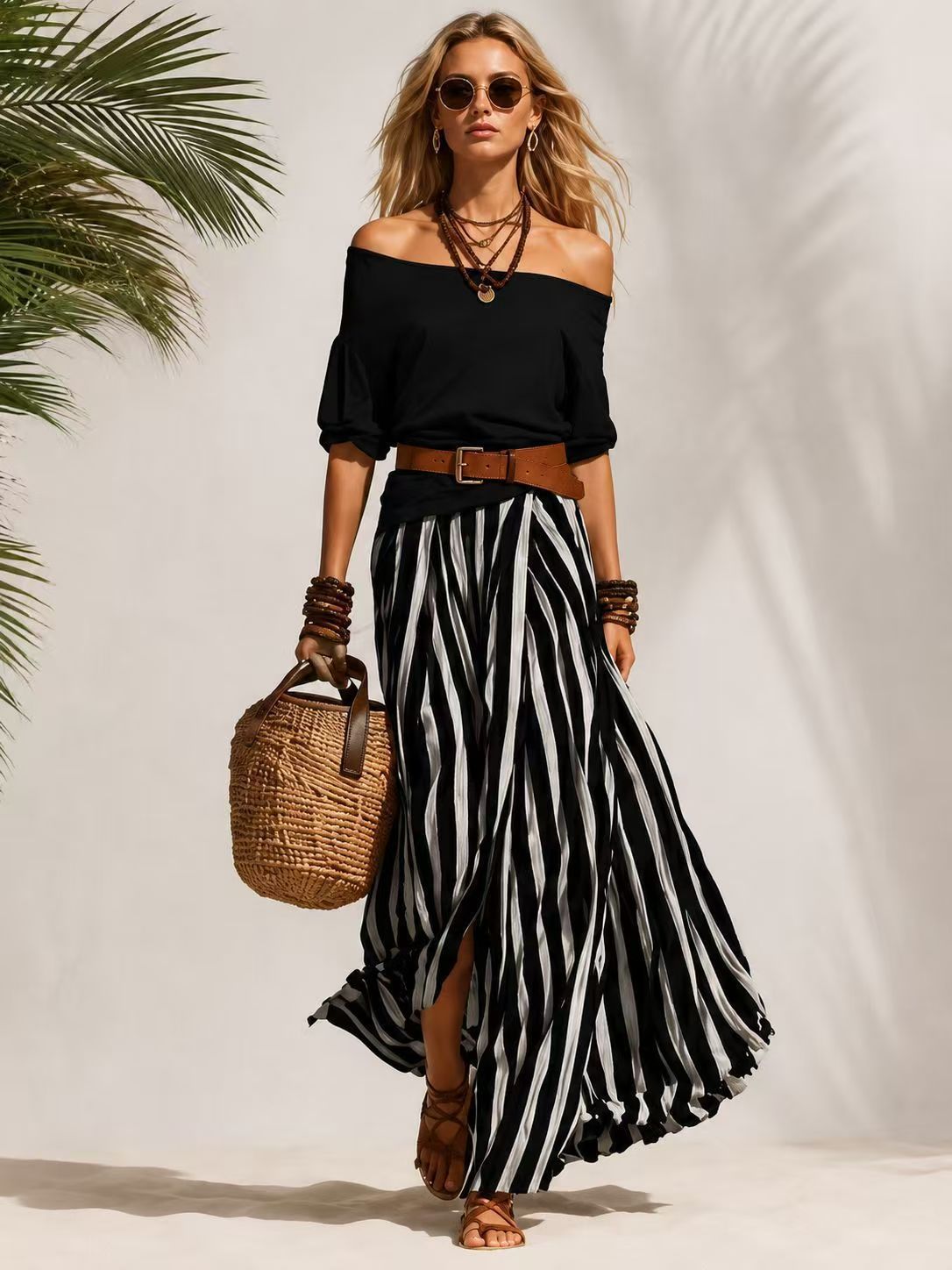 Women's Puff Sleeve Vertical Stripes Draping Striped Fashion Casual Suit