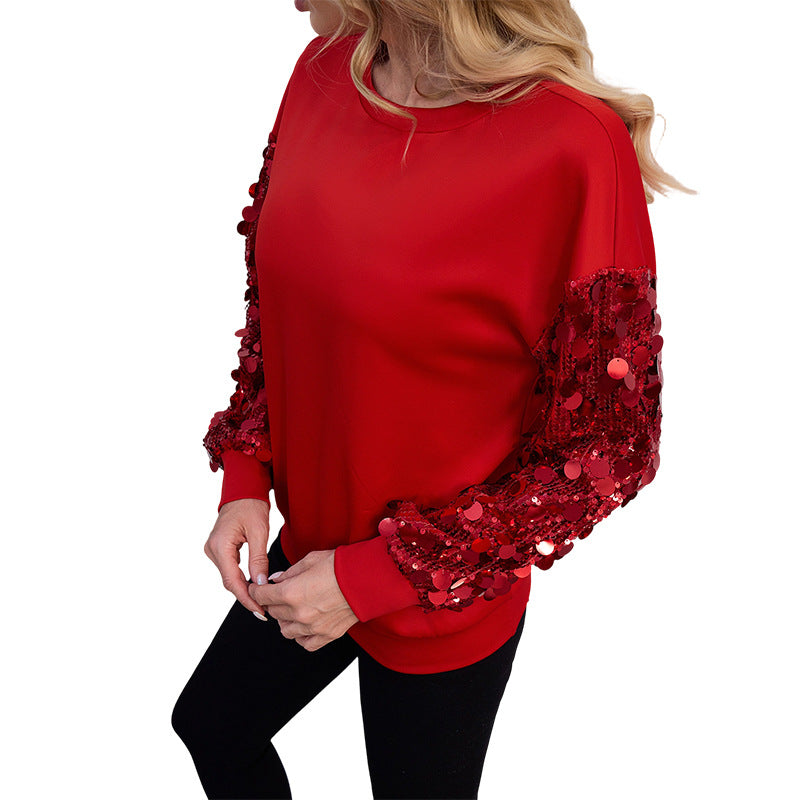 Women's Fashion Sequin Stitching Long-sleeved Shirt Casual Blouse