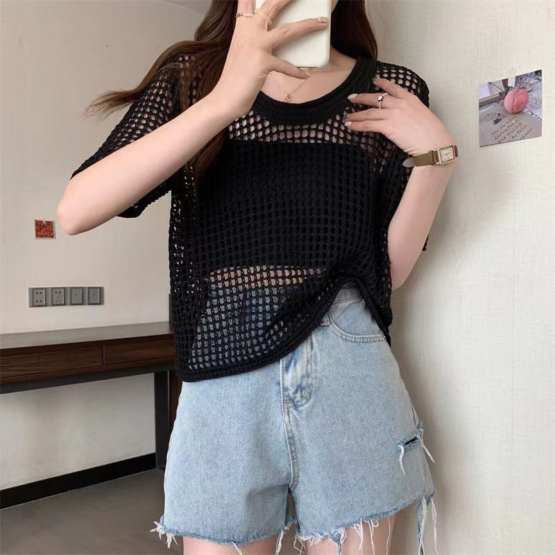 Women's Loose Sun Protection Shoulder Shirt Round Neck Mesh Hollow Women's T-shirt