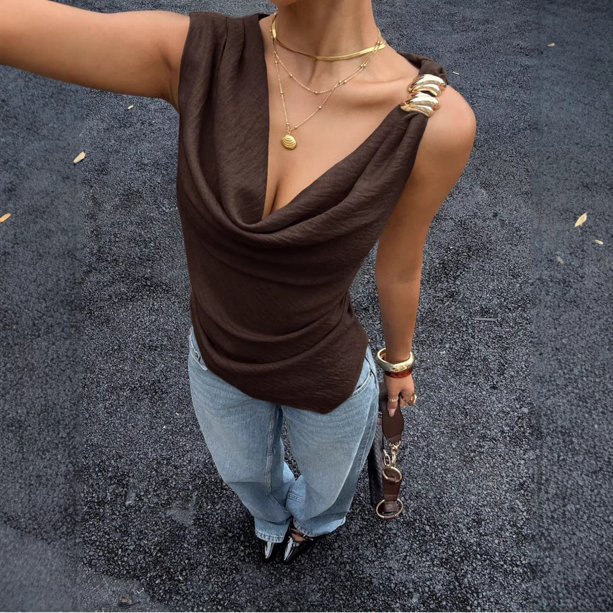 Women's Summer Pile Collar Metal Decorative Sleeveless Small Vest/suspenders/tube Top