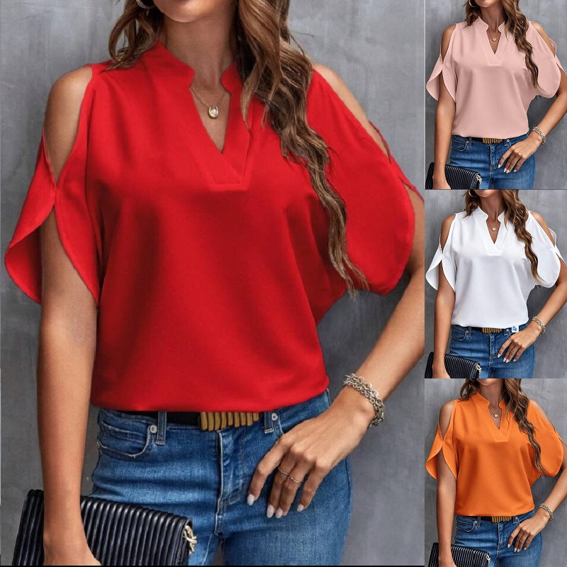 Popular Women's Summer Solid Color Loose Lace Shirt, Chiffon Shirt