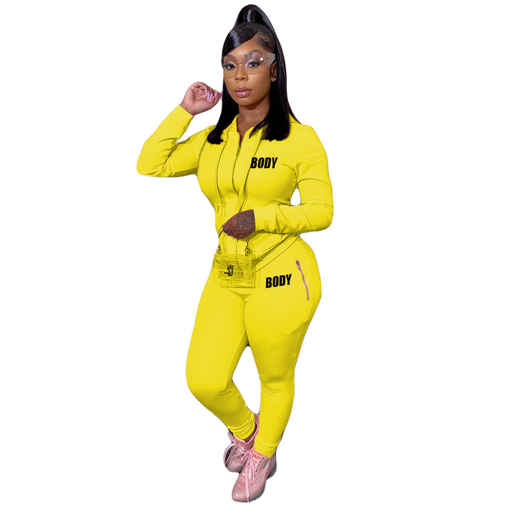 Women's Autumn Letters Printing Personality Zipper Two-piece Clothing