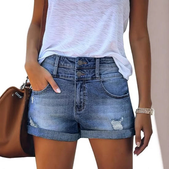 Women's Water Washed Hole Bleached High Waist Slim Tops