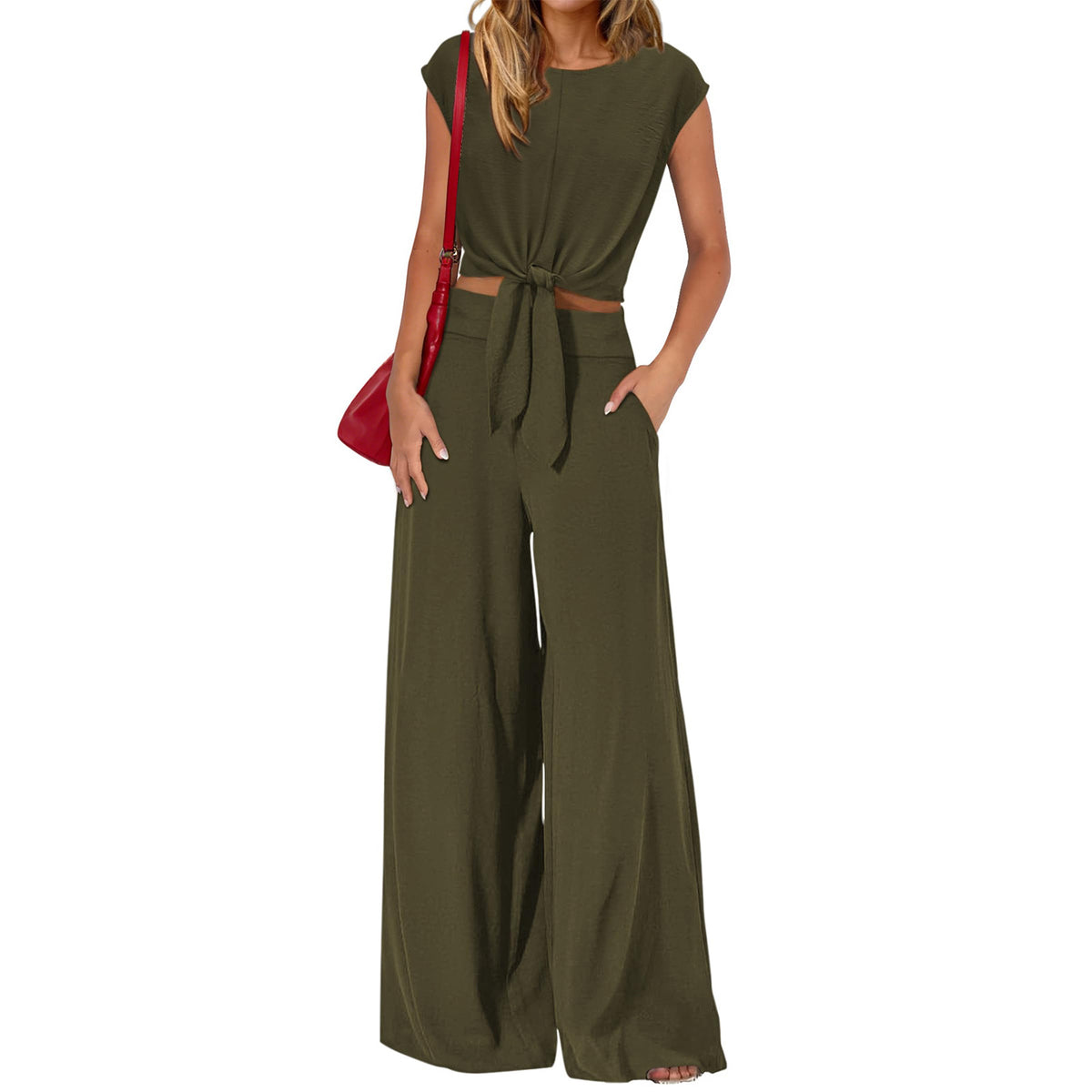 Women's Sleeveless Round Neck Tied Cropped Suits