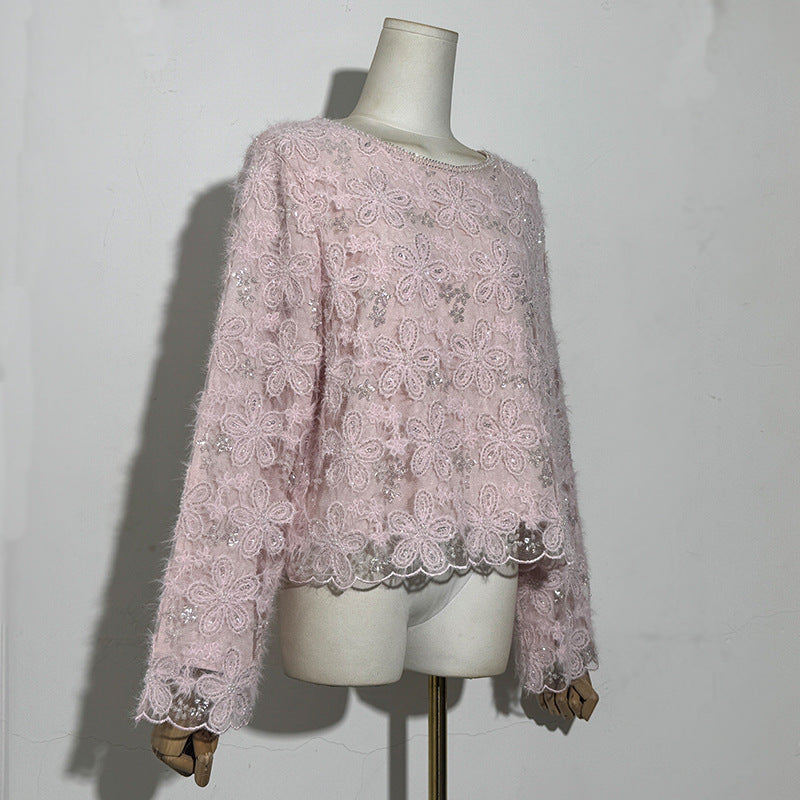 Women's Fashion Long Sleeve Flower Round Neck Stage Luxury Trendy Lace Shirt, Chiffon Shirt