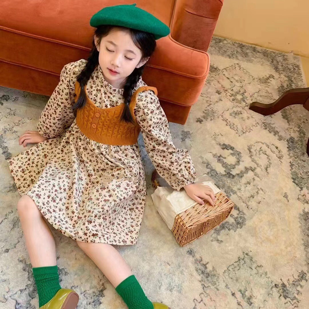 Autumn Korean Style Floral Skirt Wool Vest Two-piece Children's Dress