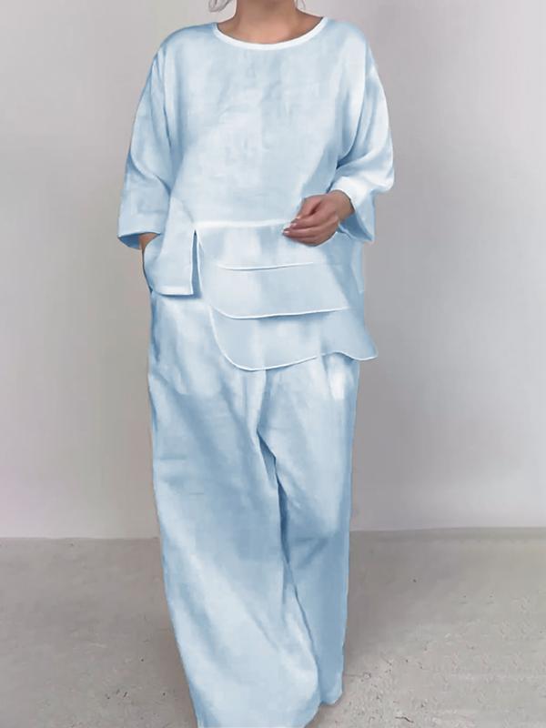Neck Satin Layered Design Wide Leg Blouses
