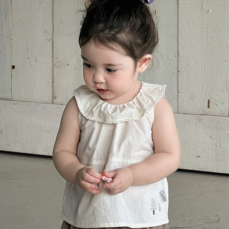Collar Solid Color Sleeveless Outer Wear Children's T-shirt