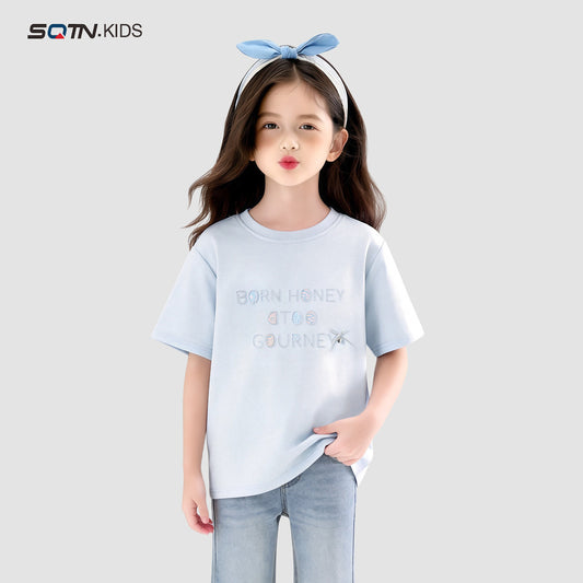 Children's Short-sleeved Summer Sequined Clothing Middle Big Top Half Sleeve Pure Children's T-shirt