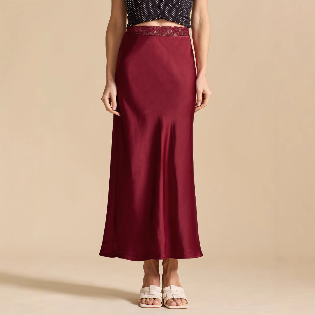 Women's Lace Waist Satin Fashionable Sexy Elastic Skirts