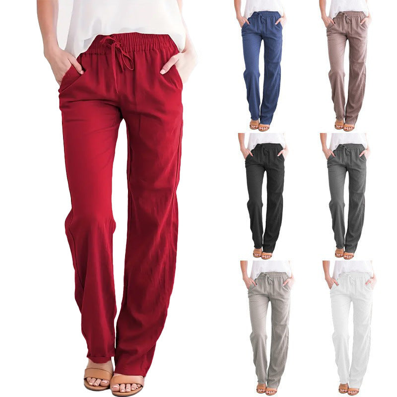 Women's Solid Color Cotton Linen Drawstring Loose Casual Pants