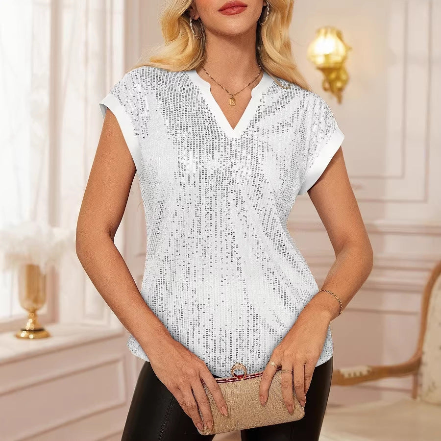 Unique Women's Fashionable Sequins Sleeve Party Lace Shirt, Chiffon Shirt