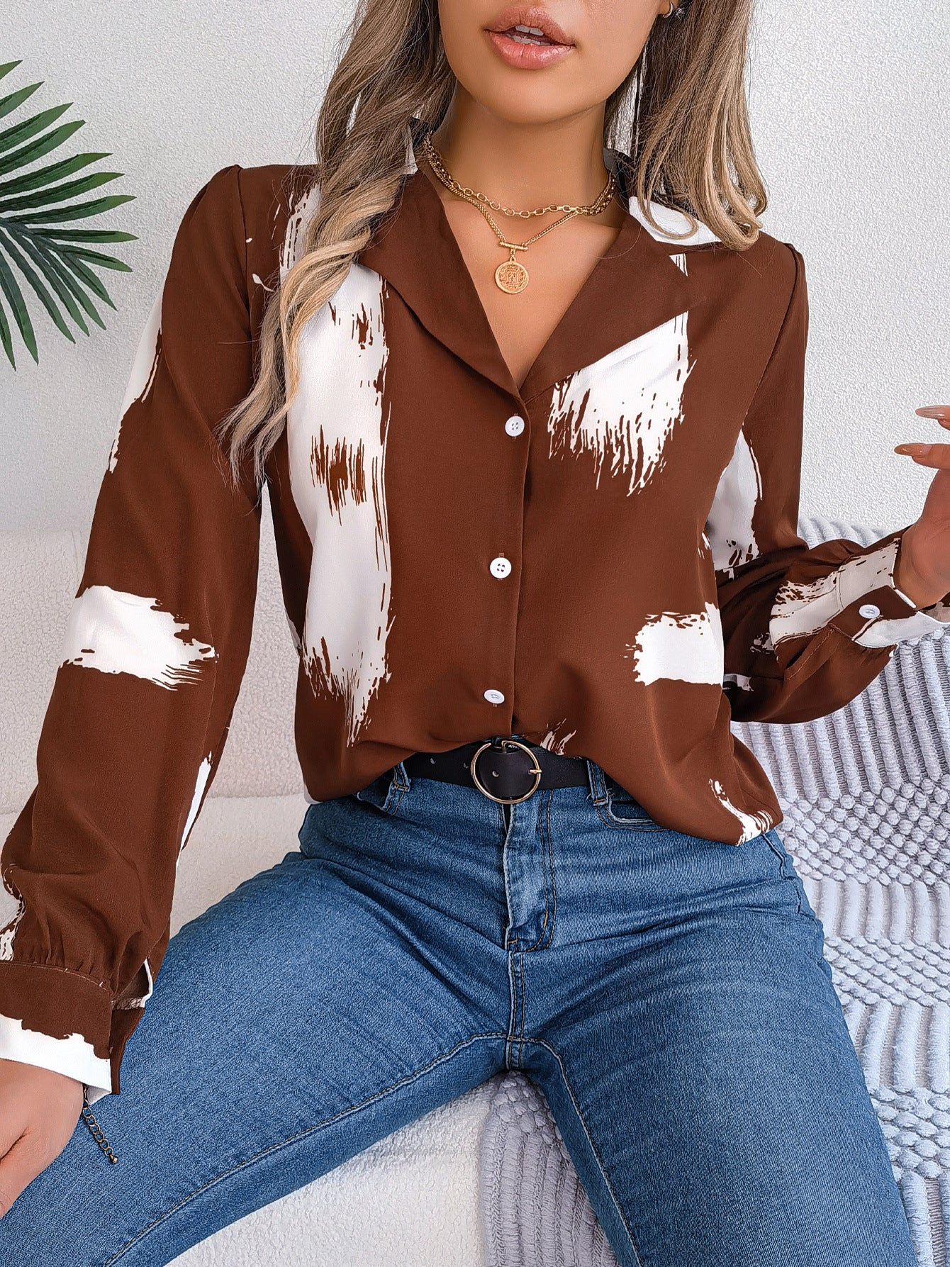 Women's Elegant Contrast Color Striped Collar Long Lace Shirt, Chiffon Shirt