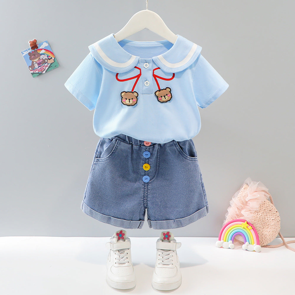 Summer Cute Lapel Short Sleeve Casual Denim Shorts Children's Suit