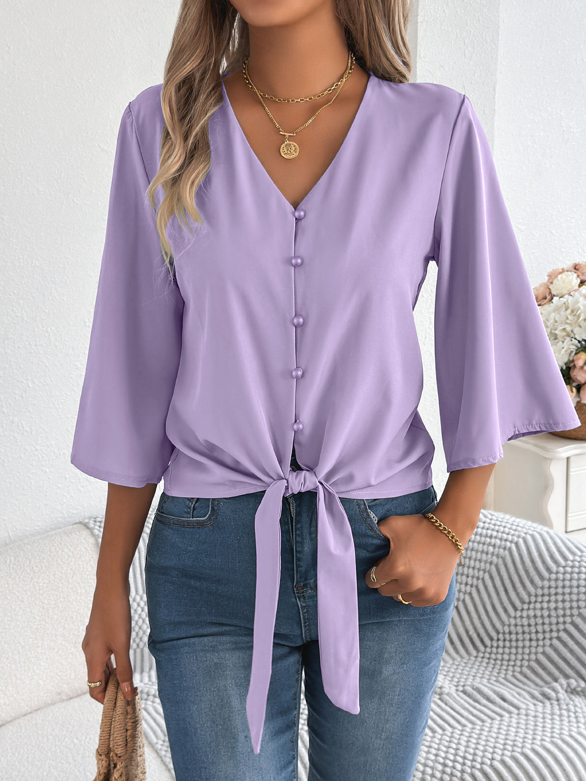 Women's Casual Button Three-quarter Sleeve Knotted Lace Shirt, Chiffon Shirt