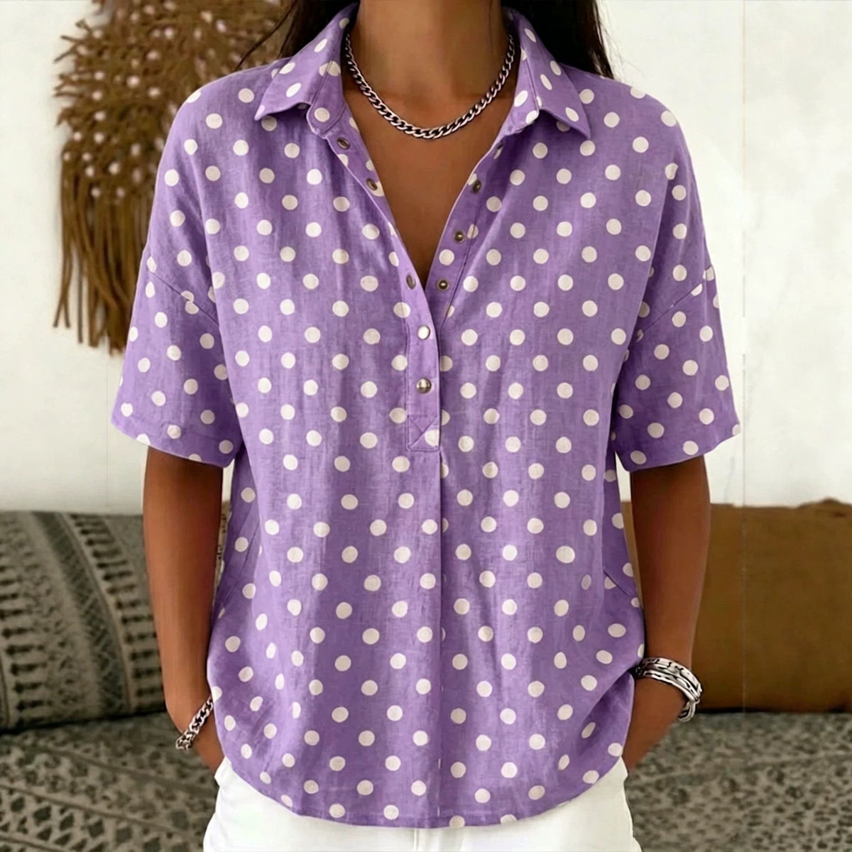 Women's Casual Polka Dot Lapel Shirt Half-open Button Blouse