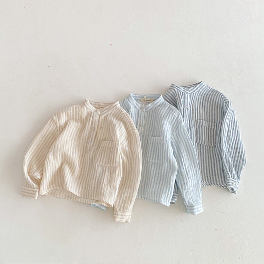 Children's Loose Linen Cotton Long-sleeved Korean Simple Vertical Children's T-shirt
