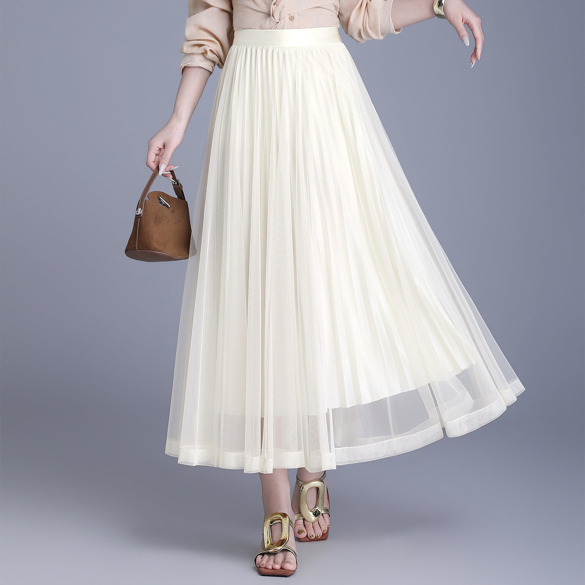 Women's Hem Gauzy Double-sided Wear Woolen Pleated Mid-length Skirts