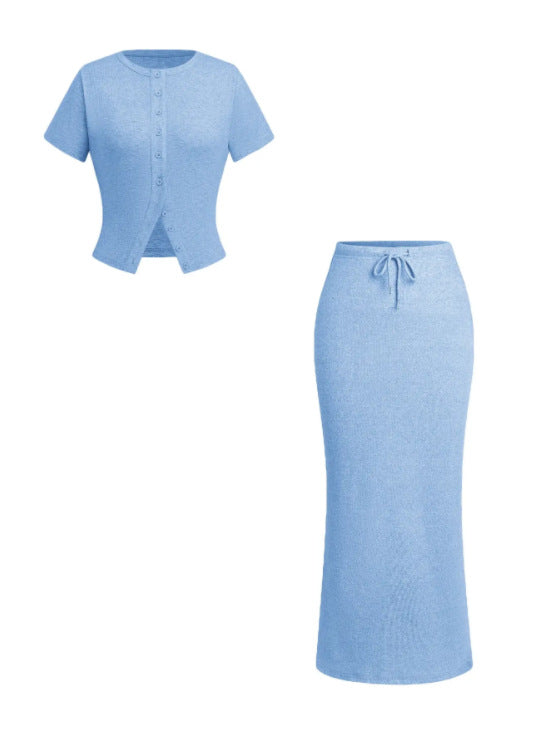 Summer Buttoned Short-sleeved Dress Female Ornament Fashion Casual Suit