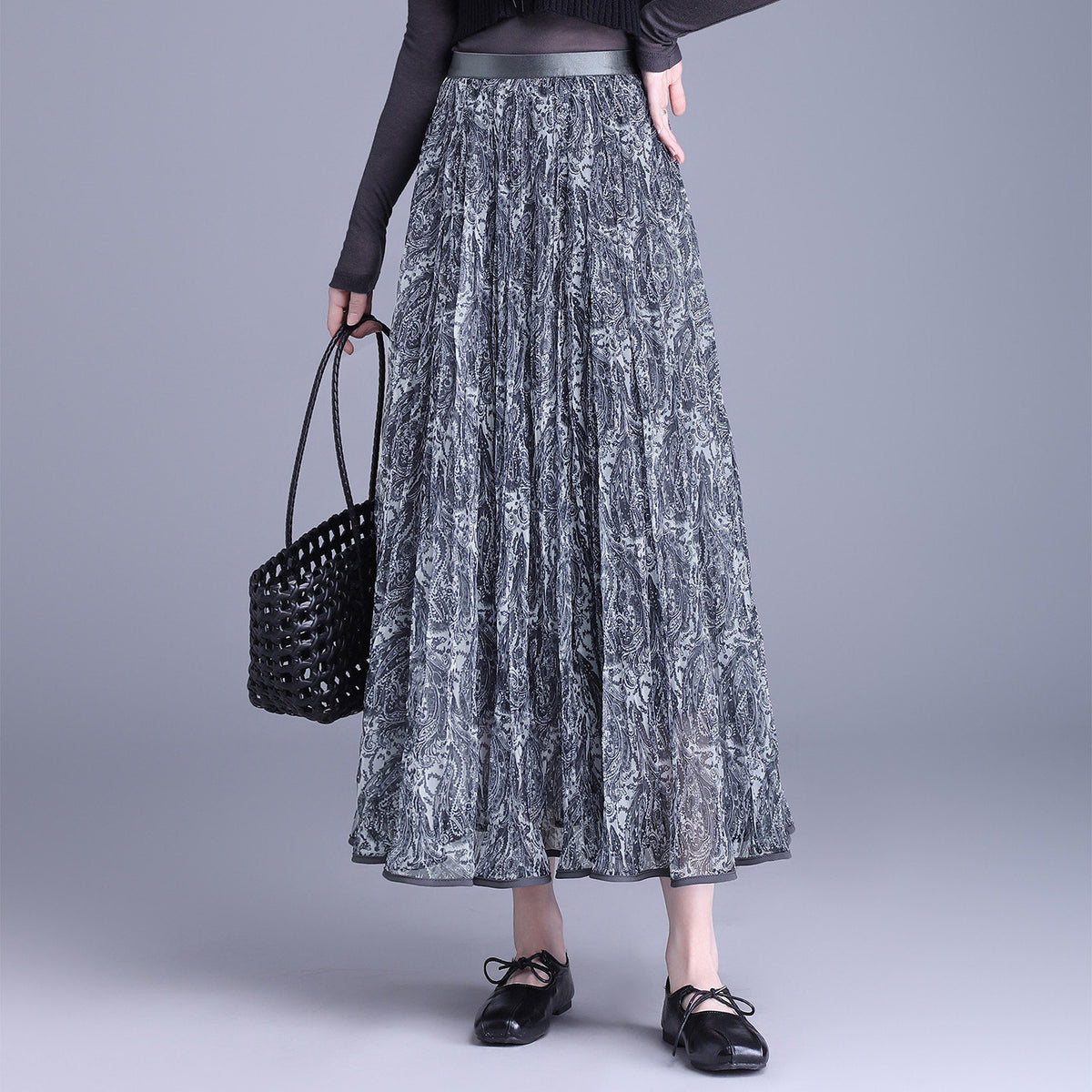 Purple Floral Pleated Autumn Slimming High Waist Crimp Skirt
