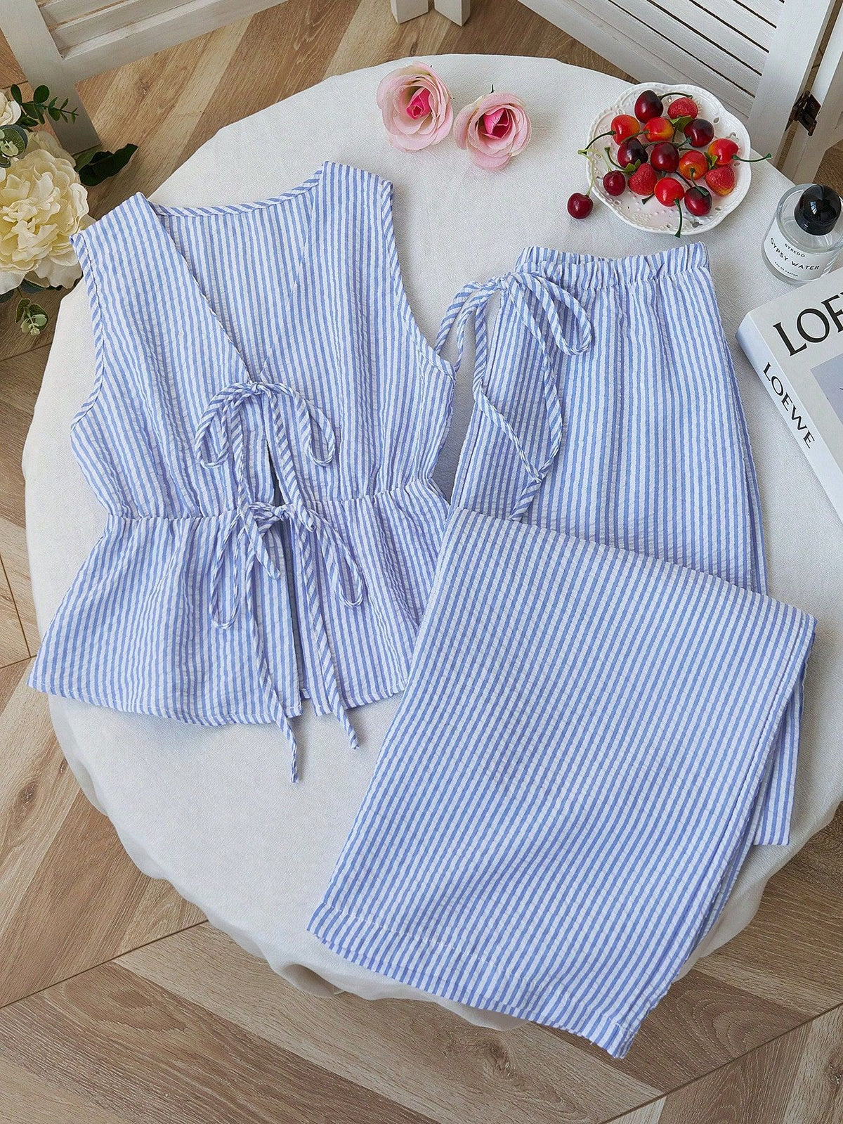 Color Striped Lace Up Wild Loose Trousers Fashion Casual Suit