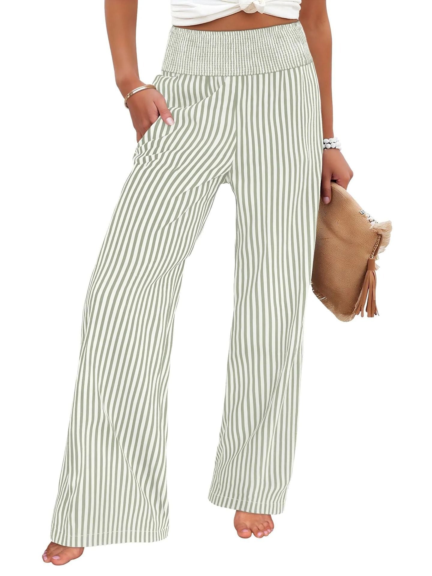 Women's Striped Smocking Trousers Fashion Loose Casual Pants