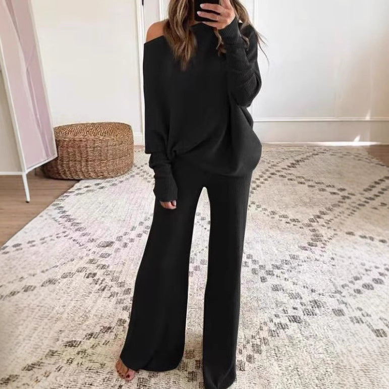 Simple Batwing Sleeve Long Drawstring High Waist Wide Leg Trousers Suits